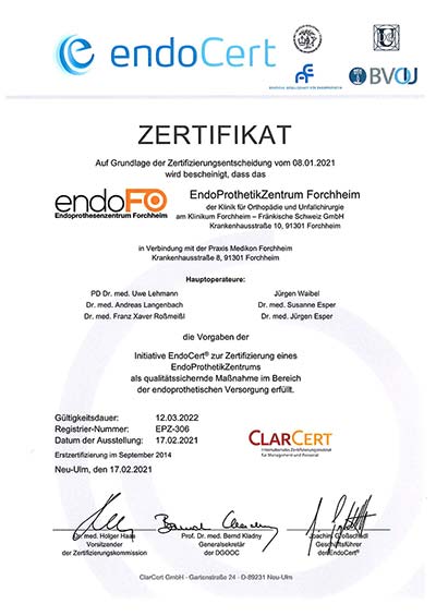Zertifikat Endoprothesenzentrum Forchheim